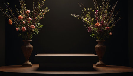 Empty black podium for product presentation with flowers in vase on dark backgroundの素材