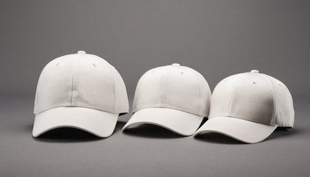 White baseball cap on grey background. Side view. Close-up.の素材