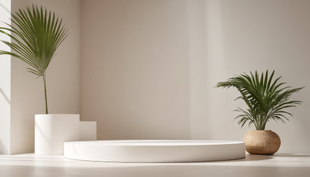 3d render of minimal scene with white podium and palm tree.の素材