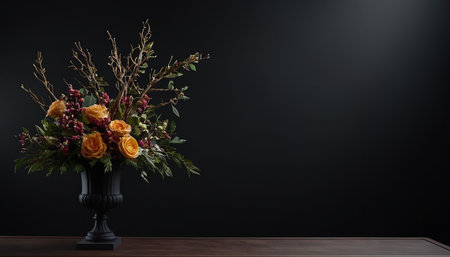 Beautiful bouquet of flowers in vase on black background.の素材