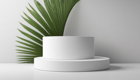 3d render, abstract minimal geometric forms. Glossy white podium for product presentation with palm leaves on the backgroundの素材