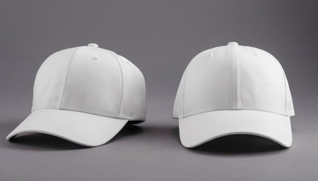 White baseball cap on a grey background. Front and back view.の素材