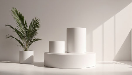 3d render of white podium for product presentation with palm leaf in the cornerの素材