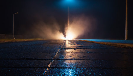 Foggy asphalt road at night with a street light in the backgroundの素材