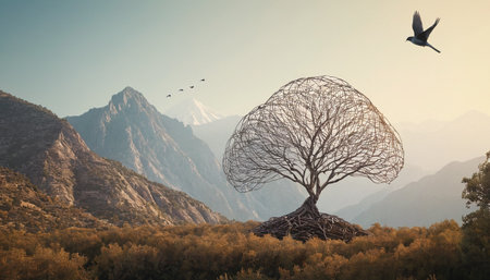 Tree in the mountains. Conceptual image. 3D rendering.の素材