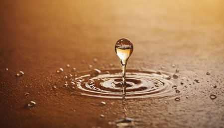 Water drop falling into water with ripples and waves on wet brown backgroundの素材