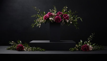 Black pedestal with a bouquet of flowers on a black backgroundの素材