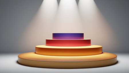 Abstract round podium illuminated with spotlight. Award ceremony concept. 3D Renderingの素材