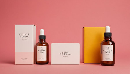 Mockup bottles of cosmetic products on a pink background. Skin care concept.の素材