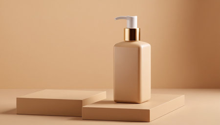 3d render of beige cosmetic bottle on beige background.の素材