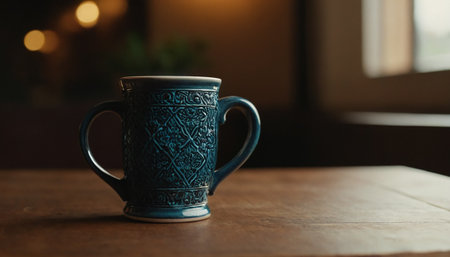 Blue cup of coffee on wooden table in coffee shop with bokeh backgroundの素材