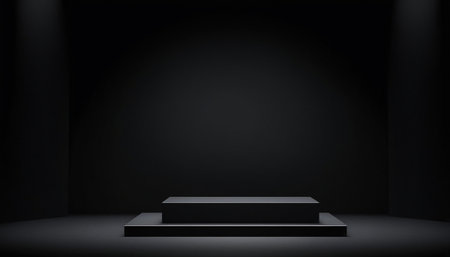 Black podium on a dark background. 3d rendering, 3d illustration.の素材