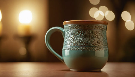 Cup of coffee on table against blurred lights, closeup viewの素材