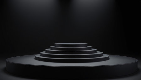 Black round podium in dark room. Mock up, 3D Renderingの素材