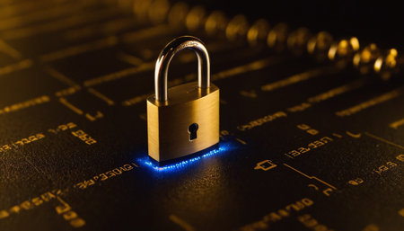 Padlock on a computer keyboard with blue light. Cyber security conceptの素材