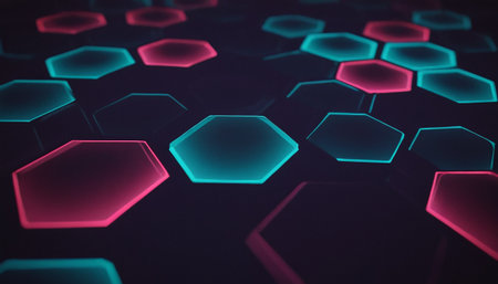 Abstract 3d rendering of chaotic hexagons. Dark background with glowing neon hexagons.の素材