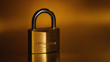 Golden padlock on golden background. Security concept. Close up.の素材