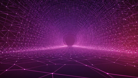 abstract 3d rendering of a tunnel with connecting dots and linesの素材