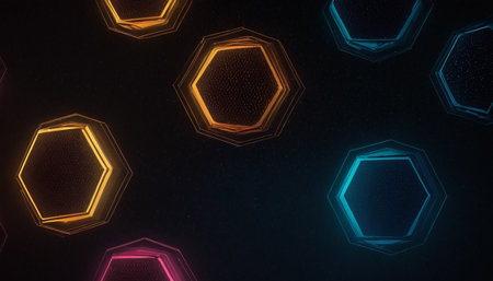 Abstract background with neon hexagons. Wallpaper, backdrop. 3d illustrationの素材