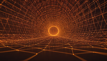 Abstract 3d rendering of digital wireframe tunnel with glowing particles. Futuristic technology style.の素材
