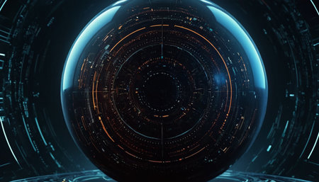 Futuristic technology interface with glowing circles and lines 3D renderingの素材
