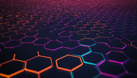 Abstract hexagonal background with neon lights. 3d rendering toned imageの素材
