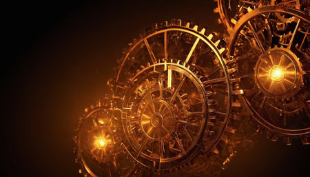 3d illustration of gear wheel mechanism over dark background with light effectsの素材