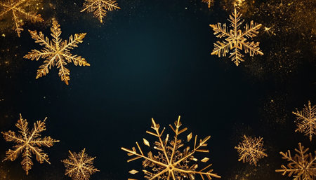 Christmas background with golden snowflakes on dark blue. Top view with copy spaceの素材