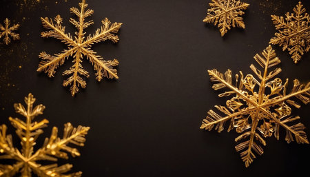 Golden snowflakes on a black background. Christmas and New Year conceptの素材