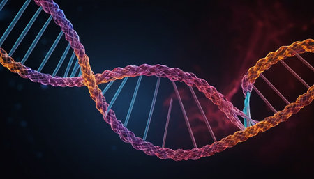 DNA molecule structure on dark background. 3D illustration. Copy space.の素材