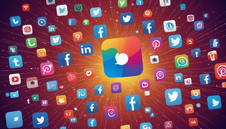 Illustration of social media icons on a colorful background with depth of fieldの素材