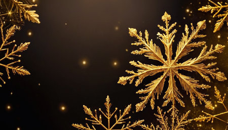 Gold snowflakes on black background. Christmas and New Year concept.の素材
