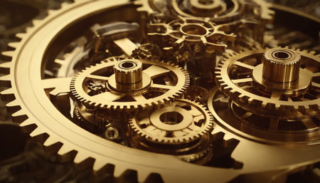 Close-up of gears and cogs on a golden background.の素材