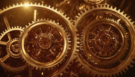 Close-up of golden gears and cogs. Abstract background.の素材