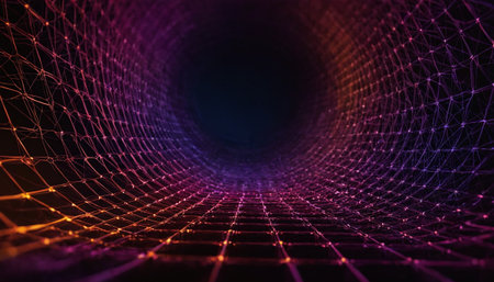 3d rendering of abstract digital wireframe tunnel with glowing particles.の素材