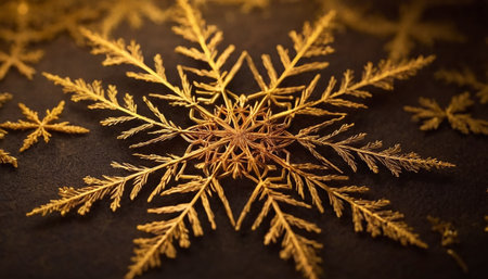 Golden snowflake on a dark background. Christmas and New Year concept.の素材