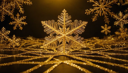 Golden snowflake on black background. Christmas and New Year concept.の素材