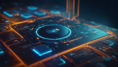 Futuristic interface with blue and orange lights. 3d renderingの素材