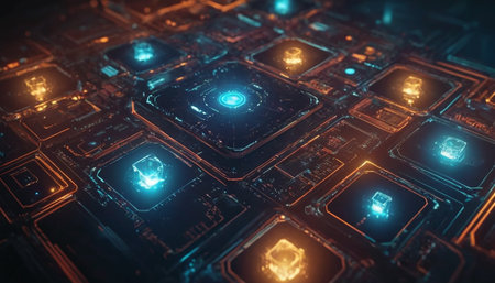 Futuristic technological background with glowing neon elements. 3D renderingの素材