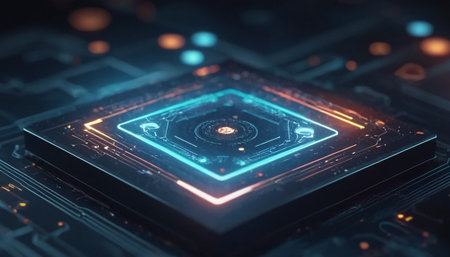 Futuristic circuit board with glowing blue hologram. 3d renderingの素材