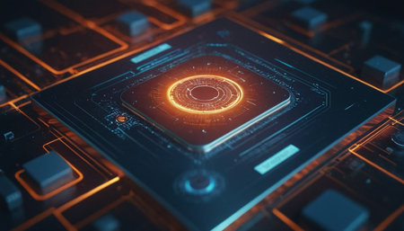 Futuristic HUD interface on circuit board. Technology concept. 3D Renderingの素材