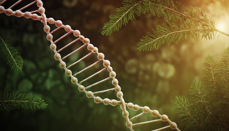 Biochemistry background concept with high tech dna molecule and fir tree branchesの素材