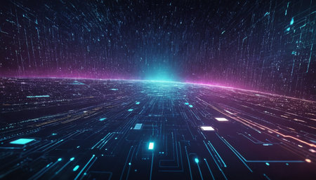 Futuristic cyber world with glowing lines and particles. 3d renderingの素材