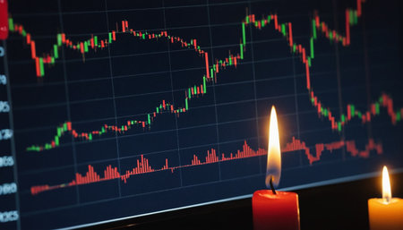 Candle and candle on the background of the stock market graph.の素材