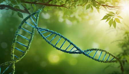 Biochemistry background concept with high tech dna molecule and green leavesの素材