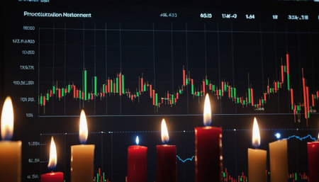 Candle light with stock market graph background. candlelight with stock market graph backgroundの素材