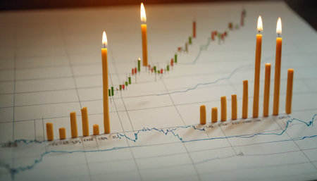 Candle light on a candle stick graph chart of stock market investment trading.の素材