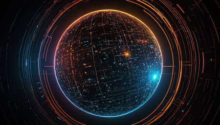 Abstract digital globe with glowing lines on dark background. 3D Renderingの素材