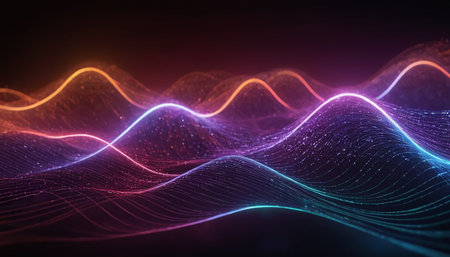 3D illustration of abstract digital wave with particles and bokeh lightsの素材