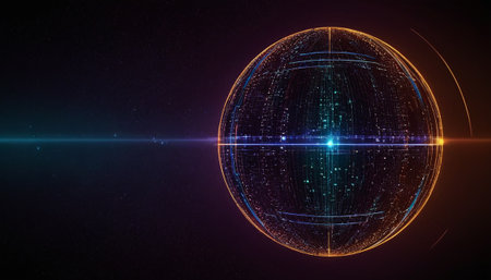Abstract digital sphere with glowing lines and dots on dark background. 3D Renderingの素材